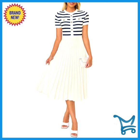 Dresses & Skirts - Casual Midi Dress Crewneck Short Sleeve Button Ribbed Knit Swing Pleated A-Line